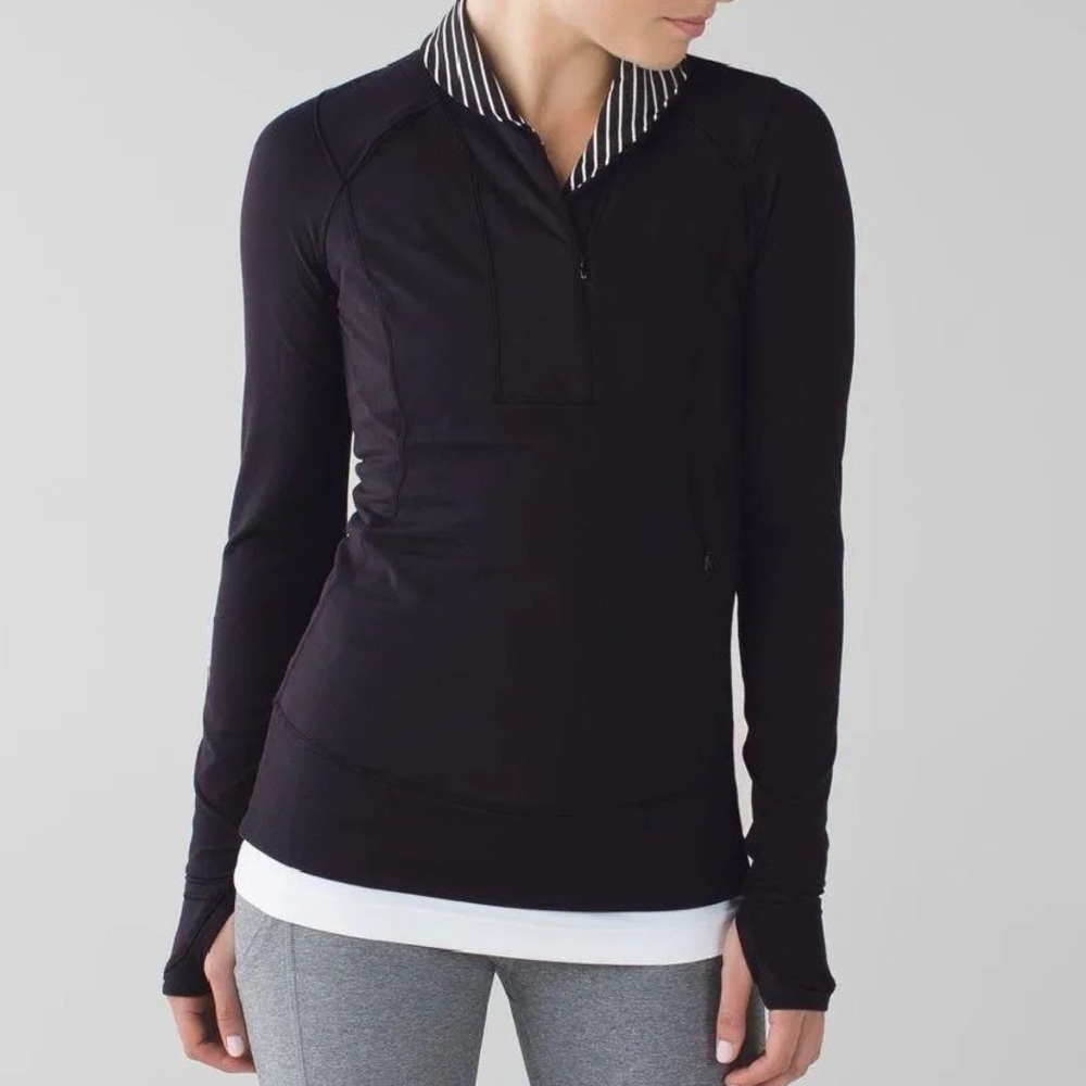 Lululemon think fast black striped collar long sleeve light pullover size 8